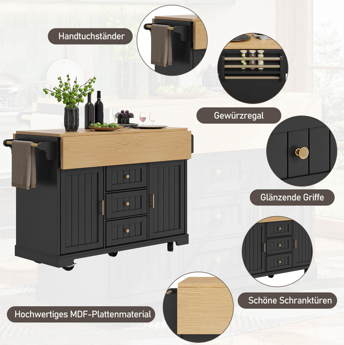 KÜCHENINSEL 120/40/95 cm schwarz aus MDF/Metall klappbar - Schwarz, Holzwerkstoff (120/95/40cm) - OKWISH