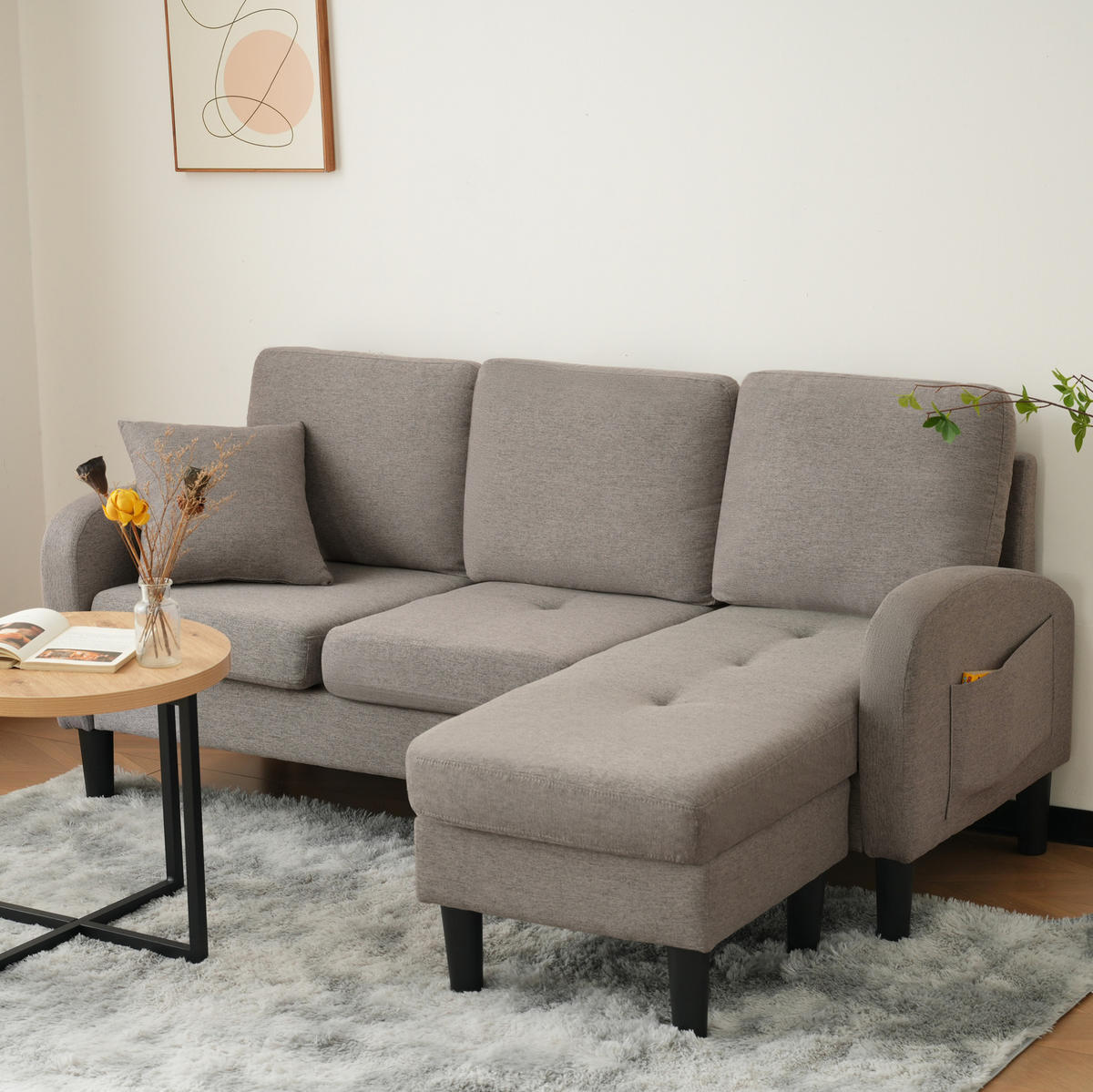 SOFA mit Chaiselongue 166x118 cm Baumwoll-Leinen Antique Dark Grey - Dunkelgrau, Holz (118/166cm) - Meubliv