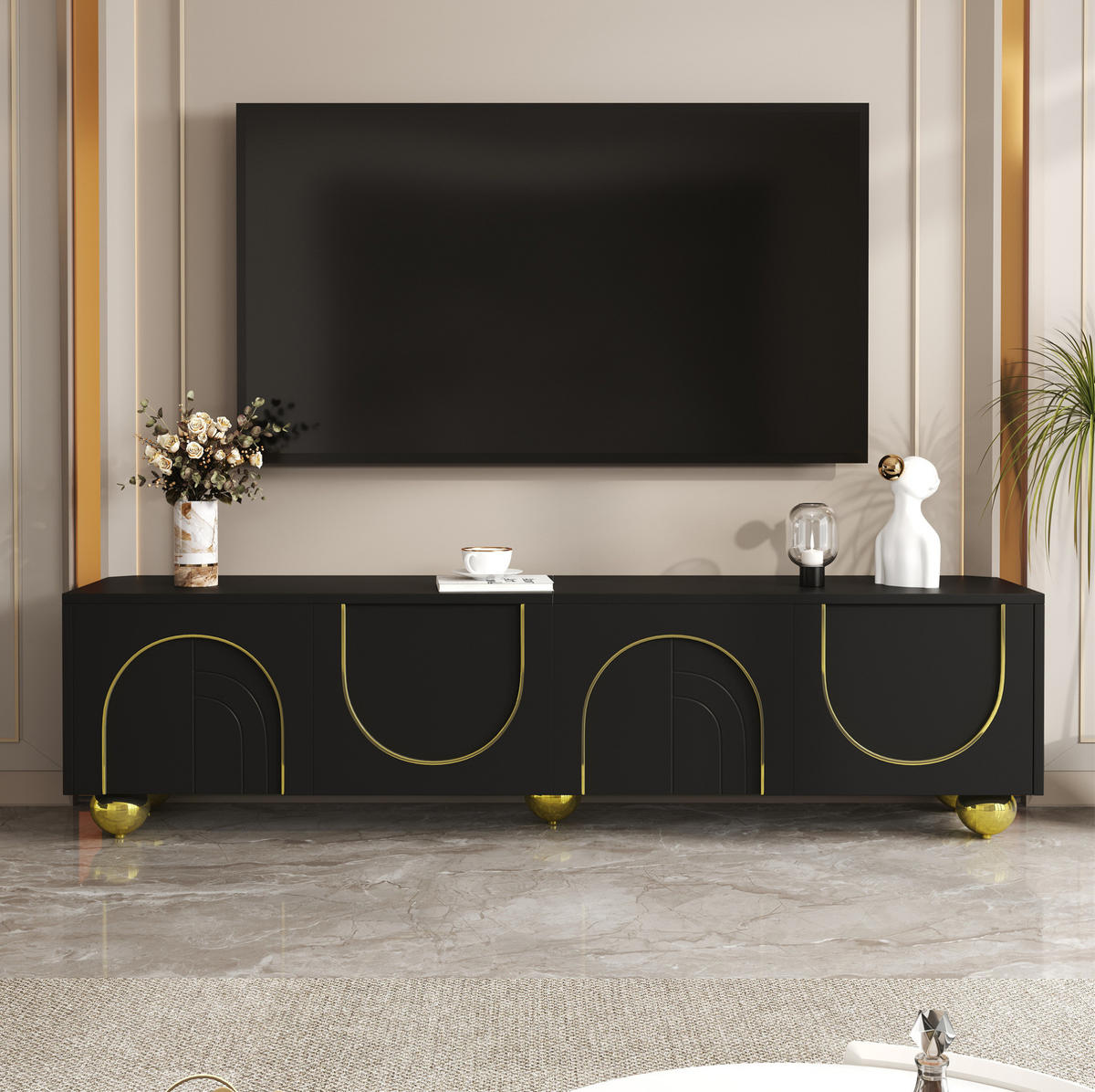 TV stolek 170/38/44 cm ze dřevotřísky se 4 dvířky, push-to-open a tlumenými panty, černá - černá, kompozitní dřevo (170/44/38cm) - Redom