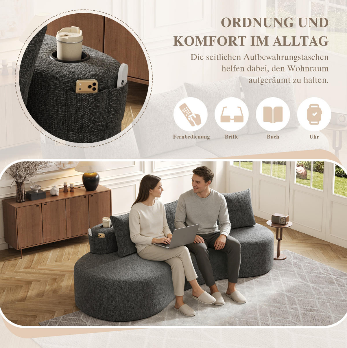 SOFA 240/109/60 cm aus Leinen mit Becherhaltern und Seitentaschen Dunkelgrau - Dunkelgrau, Textil (109/63/240cm) - Modenvie