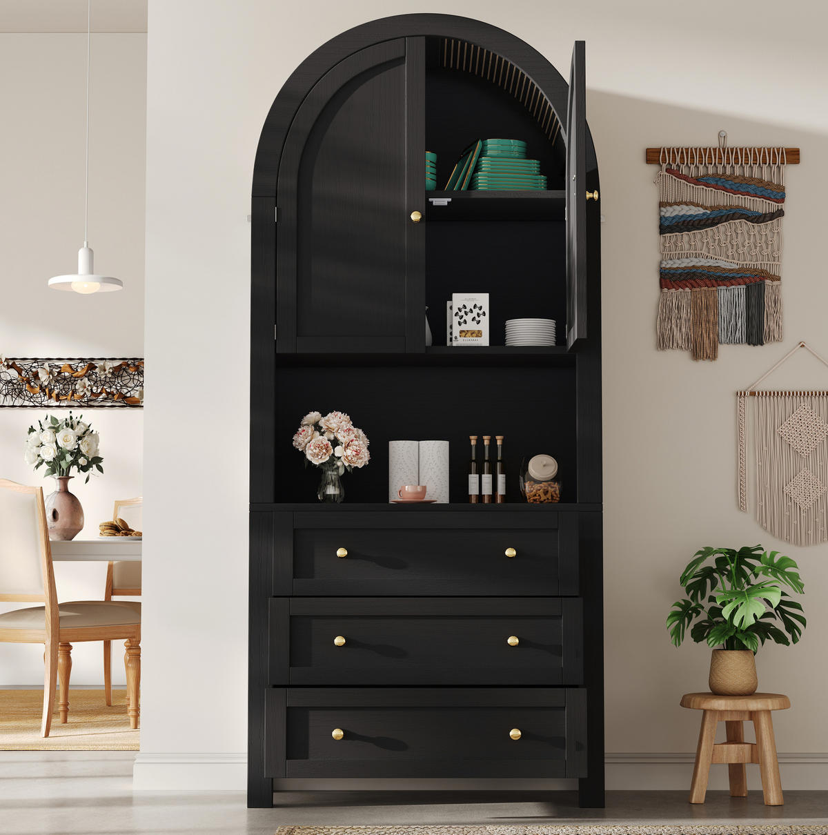 VYSOKÁ skříňka z MDF 70x35x180 cm černá se 3 zásuvkami, dvířky a otevřenou policí v obloukovém designu - černá, kompozitní dřevo (70/180/35cm) - Modfu