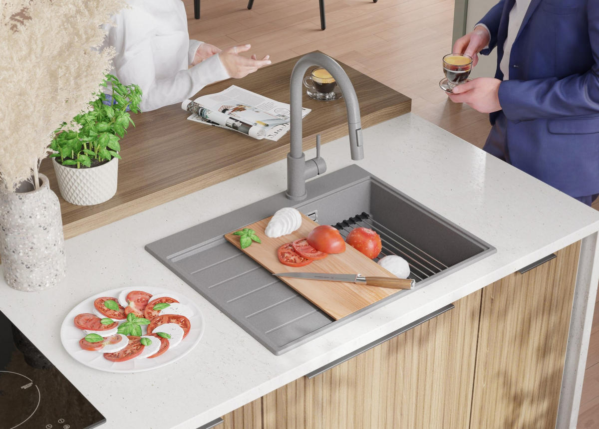 SPÜLBECKEN Sydney, 2-er set Grau 62/50 cm 1 Becken + Ablauf-Set + Küchenzubehörset ab 45er Unterschrank - Chromfarben/Beige, Kunststoff (62/20/50cm) - Primagran