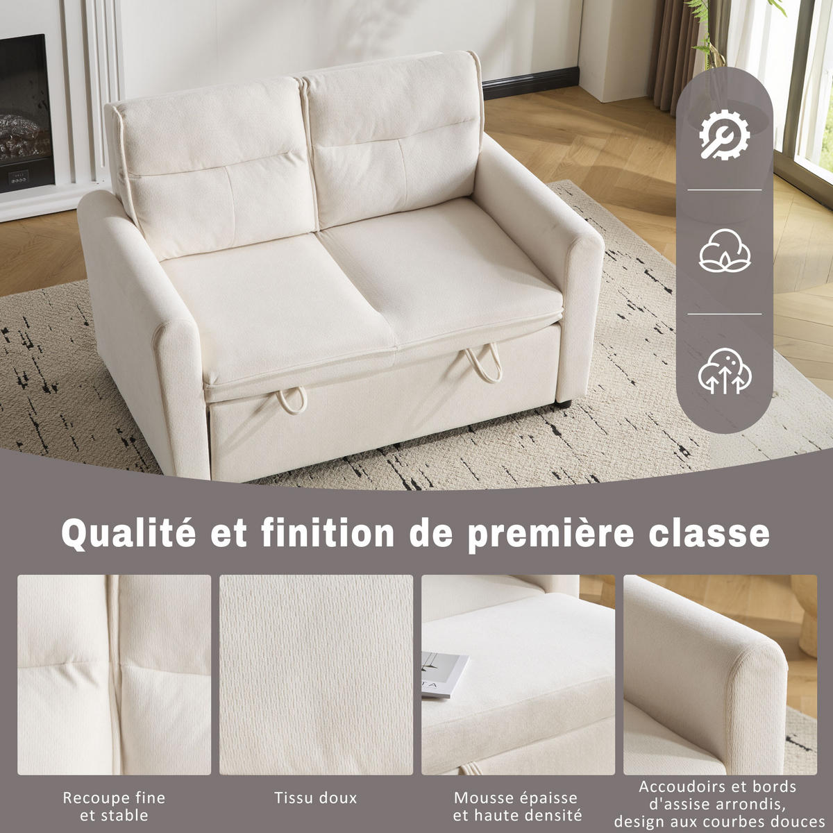 SCHLAFSOFAS mit abnehmbaren Kissen und verstellbarer Rückenlehne - Beige, Holzwerkstoff/Textil (127/87/90cm) - Urban Meuble