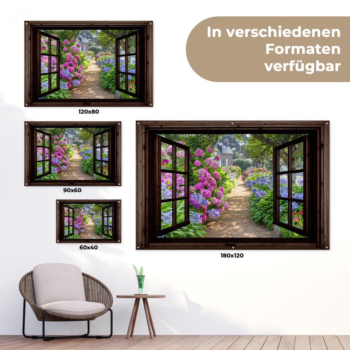 ZAHRADNÍ PLAKÁT Hortenzie - Průhledné - Květiny - Fialové - Příroda - Tmavě hnědé okno 90x60 cm - tmavě hnědá, plast (90/60/0.2cm) - OnlyWow