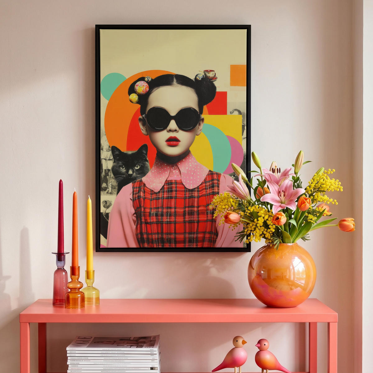 LEINWAND Bilder mit Rahmen - Mädchen - Sonnenbrille - Katze - Retro - 40x60 - Beige, Textil (40/60cm) - MuchoWow