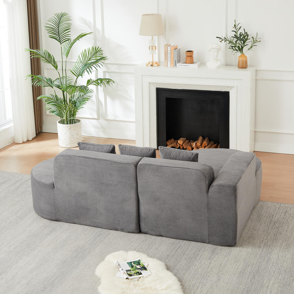 ECKSOFA 220/155/70 cm Grau Cord mit 3 Kissen, Linke Seite - Grau, Textil (220/155cm) - Oxeza