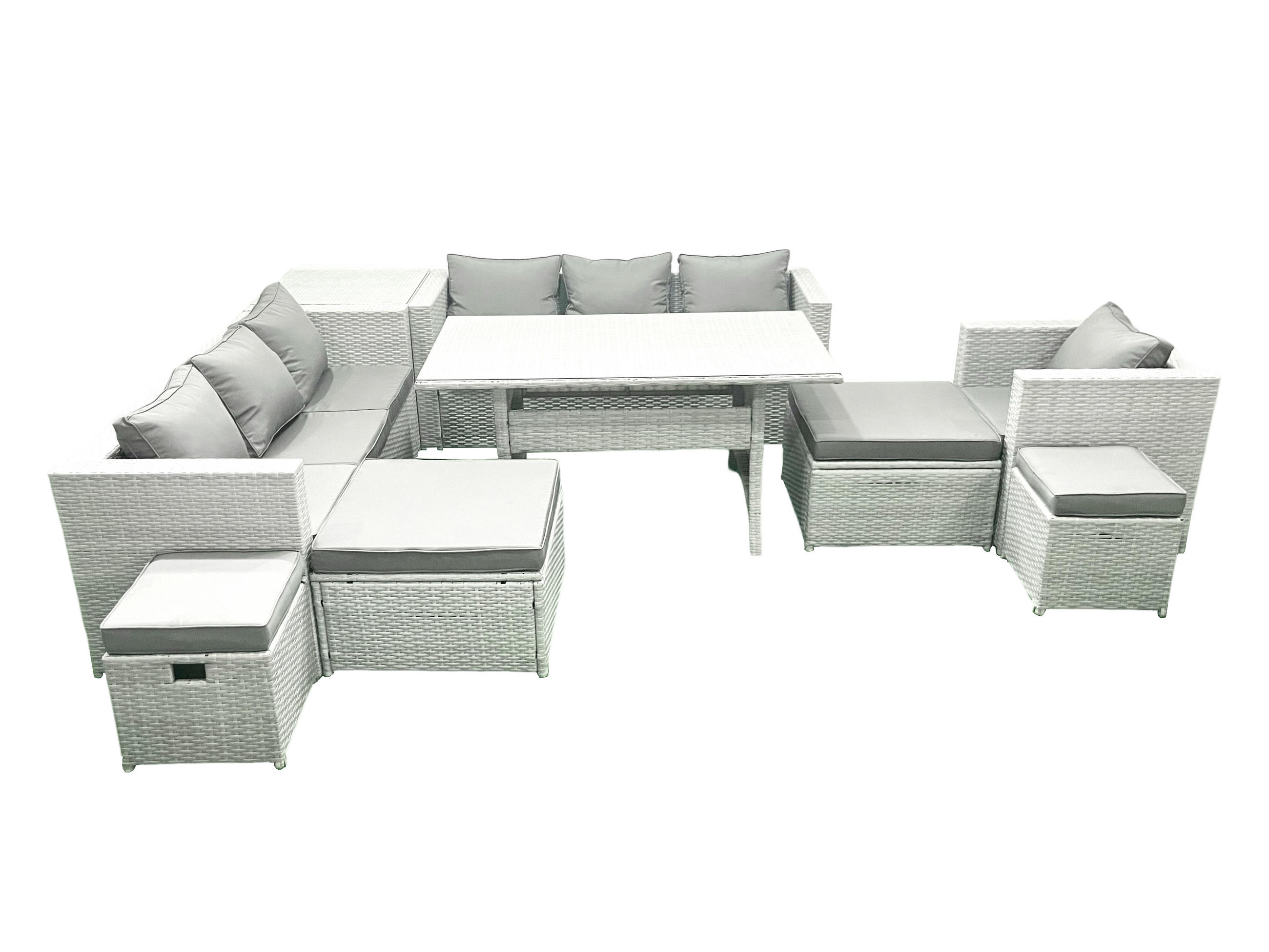 GARTENSET mit Esstisch,Sofa,4 Fußhocker,Stuhl Polyrattan Hellgrau 11-Sitzer - Hellgrau/Grau, Glas/Kunststoff - Fimous