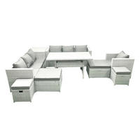 GARTENSET mit Esstisch,Sofa,4 Fußhocker,Stuhl Polyrattan Hellgrau 11-Sitzer - Hellgrau/Grau, Glas/Kunststoff - Fimous