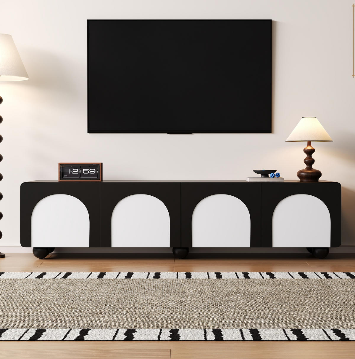 TV-SCHRANK aus MDF und PB 180x38x45 cm Schwarz-Weiß mit 2 Schubladen, 2 Türen und Kabelmanagement - Schwarz, Holzwerkstoff (180/45/38cm) - Modfu