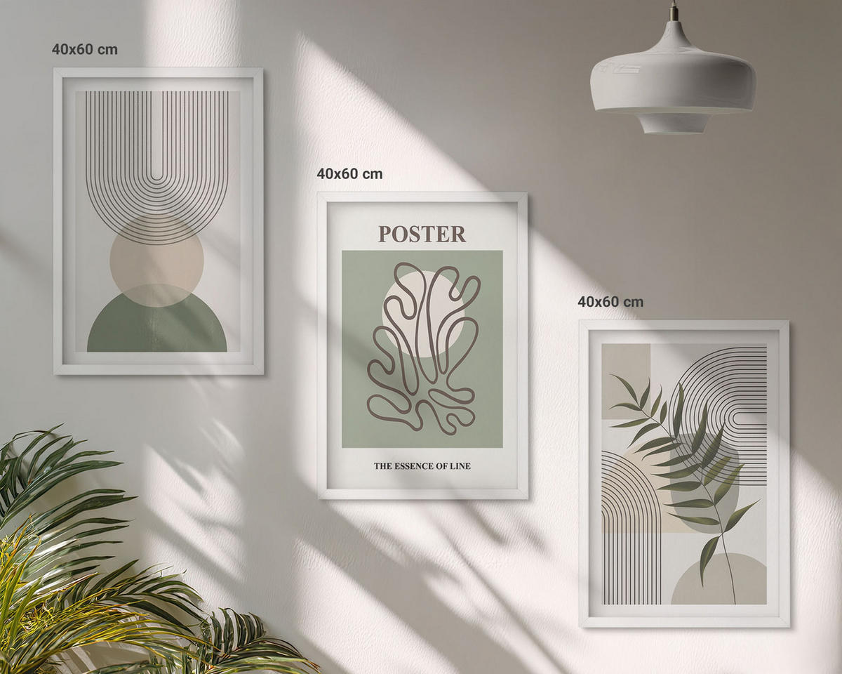 BILDER SET 3er Set - 40x60 cm Weißer Rahmen - Geometrische botanische Muster - Weiß, Kunststoff (40/60cm) - TULUP