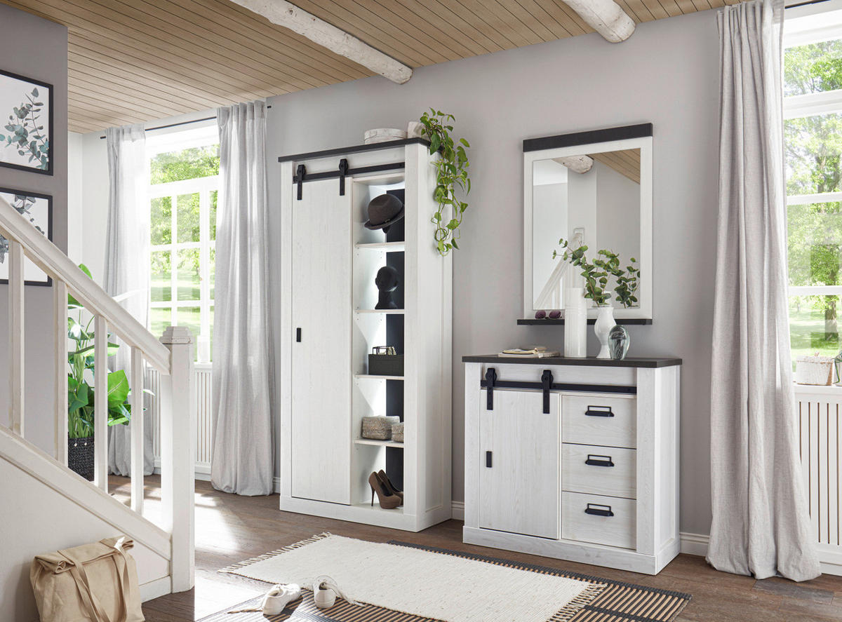 STAURAUMSCHRANK weiß Pinie, anthrazit, Landhaus, Regalschrank 93 x 201 cm Mehrzweckschrank - Anthrazit/Weiß, Holzwerkstoff/Metall (93/201/38cm) - Furn.Design