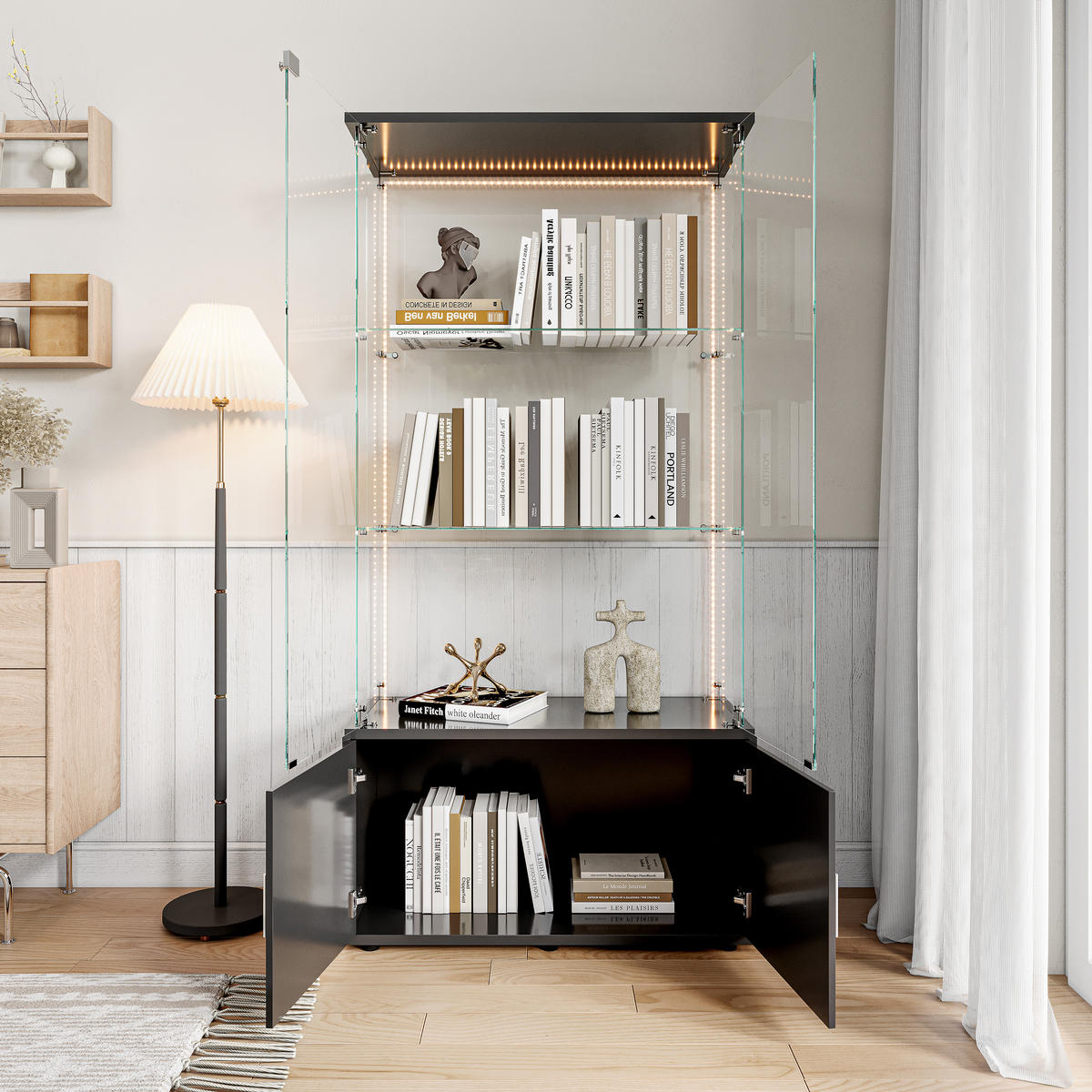 VITRINE mit Doppelglasfront, 3 Glasablagen & zweitürigem Unterschrank, LED-Lichtleiste, Schwarz - Schwarz, Glas/Holz (78.51/164/35cm) - BRILVERDE