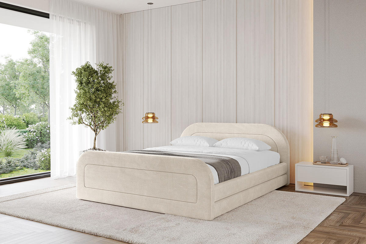POLSTERBETT mit Bettkasten, Fußteil und Lattenrost, Boxbett mit Matratze H3/H4 - LERIS-v1-Z 120x200 Beige - Creme, Holzwerkstoff/Textil (120/200cm) - ALTDECOR