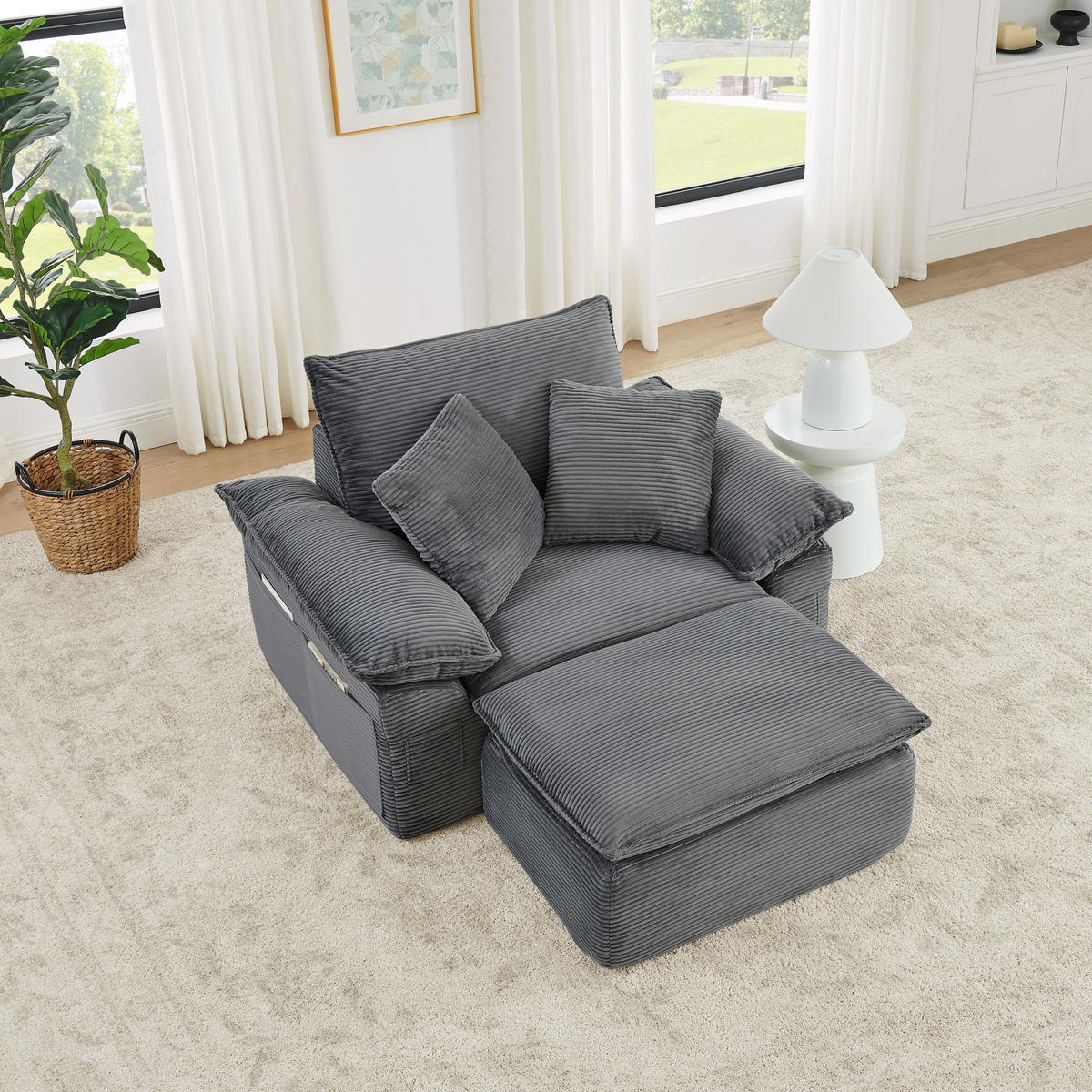 SESSEL aus Stoff mit modularem Hocker, Seitentaschen und weicher Polsterung, Hellgrau - Hellgrau, Textil (156/65/125cm) - Redom