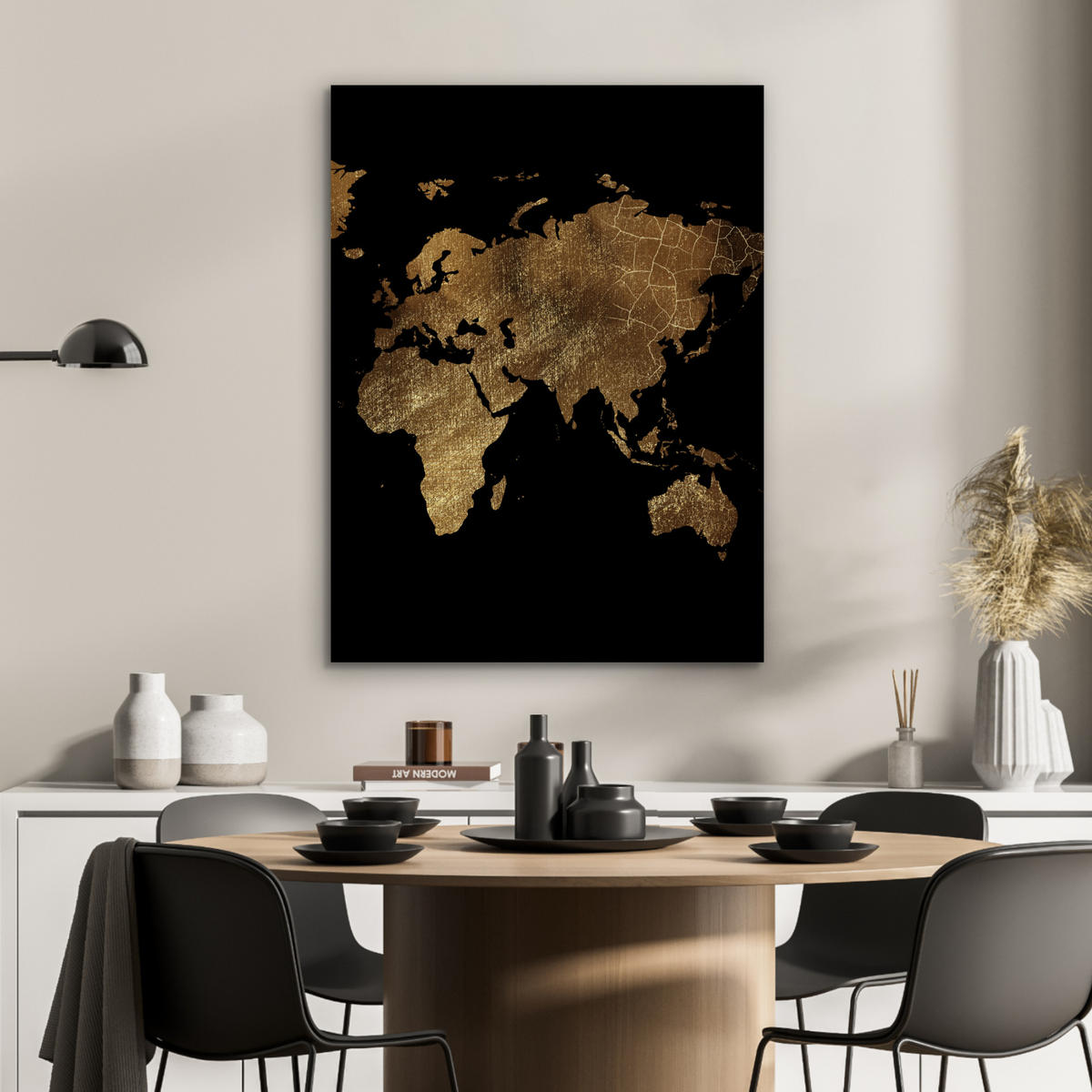 KOVOVÝ OBRAZ Mapa sveta - Zlato - Luxus - Zem - Čierna 60x80 cm - zlatá, kov (60/80cm) - MuchoWow