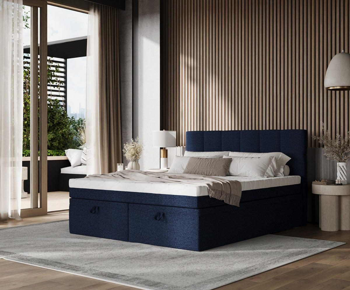 BOXBETT Elano 200/200 cm Marineblau im Riva Stoff - Schwarz/Dunkelblau, Holz/Holzwerkstoff (200/200cm) - AltaBeds