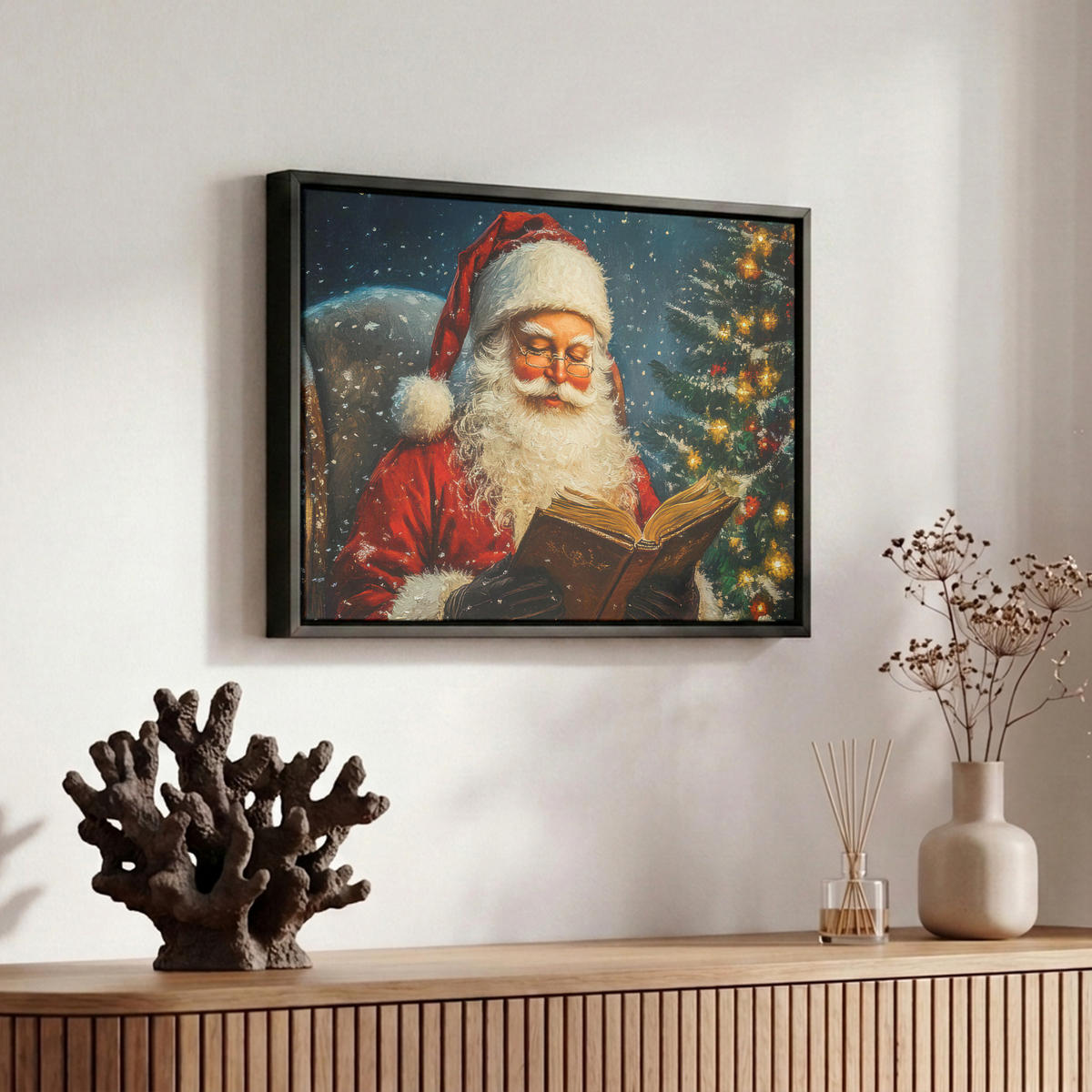 LEINWAND Bilder mit Rahmen - Weihnachtsmann - Weihnachten - Winter - Weihnachtsbaum - 30x20 - Bordeaux, Textil (30/20cm) - MuchoWow