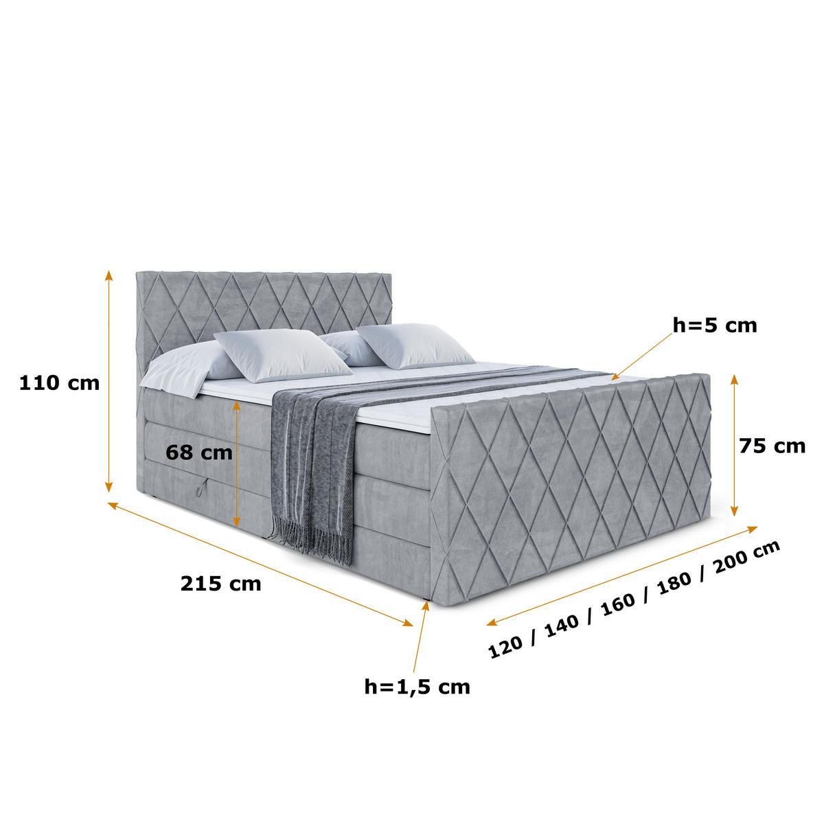 BOXSPRINGBETT LEPARO-Z KING - 140 x 200 - H3/H4 - Grau - Grau, Holzwerkstoff (140/200cm) - ALTDECOR