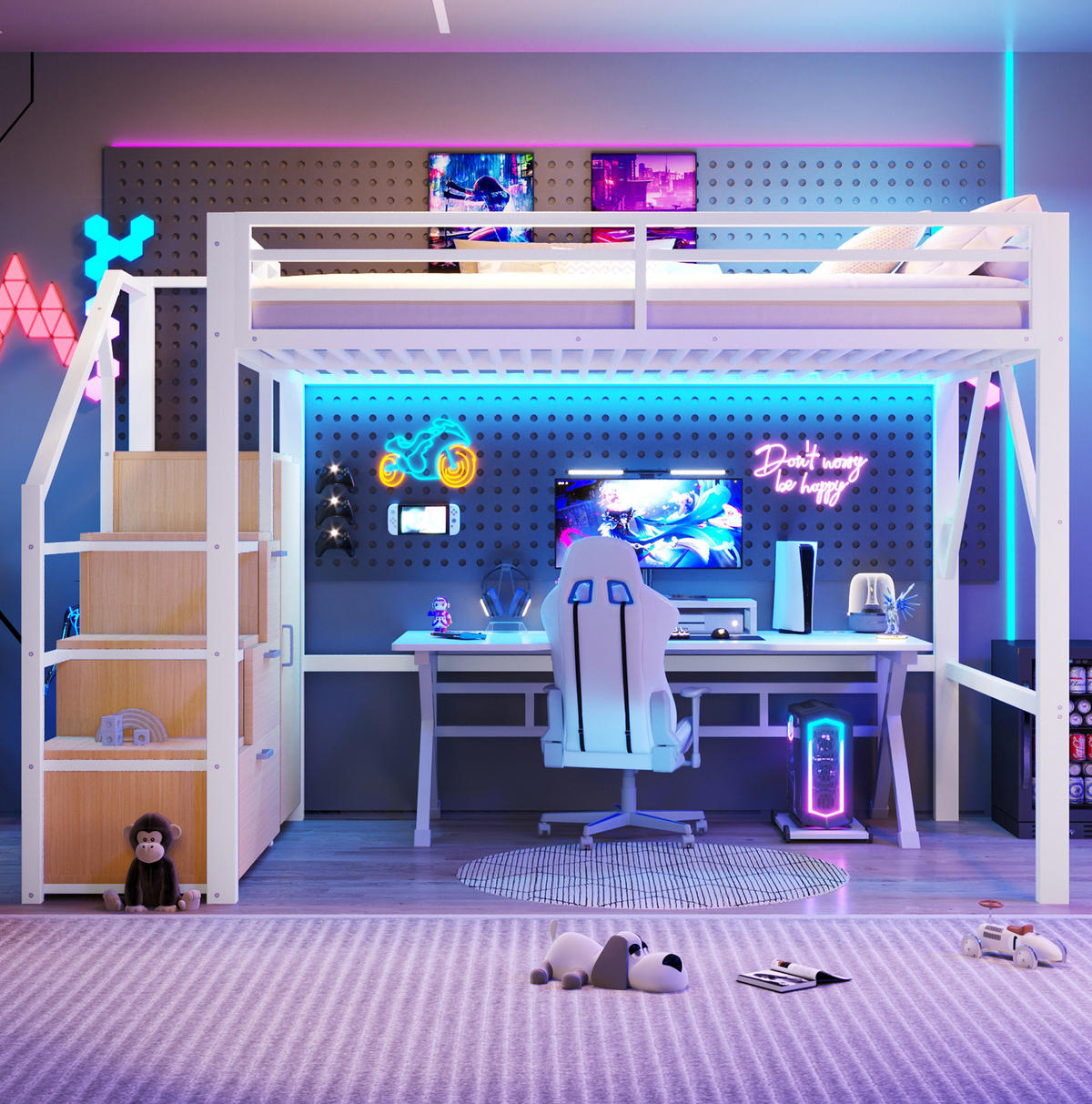 HOCHBETT 140/200 cm Weiß mit LED und Kleiderschrank - Weiß, Metall (140/200cm) - MIVRAY