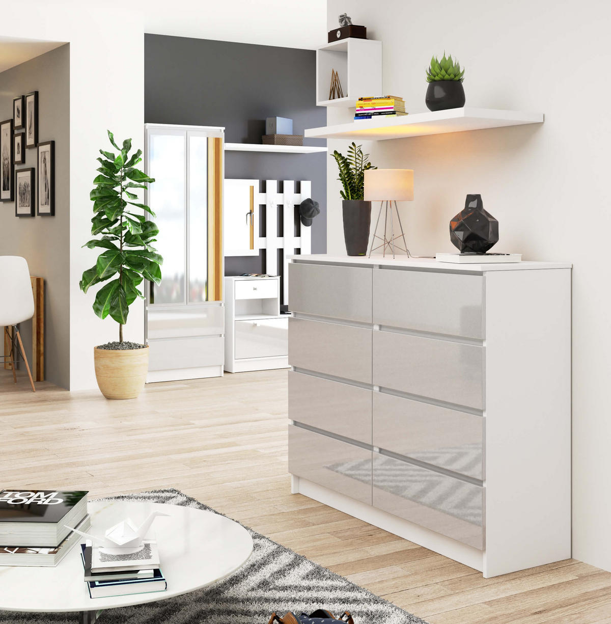 KOMMODE Weiß, Metallisch Glanz 99/120/40 - Weiß, Holzwerkstoff (120/99/40cm) - RAUMHIRSCH FURNITURE