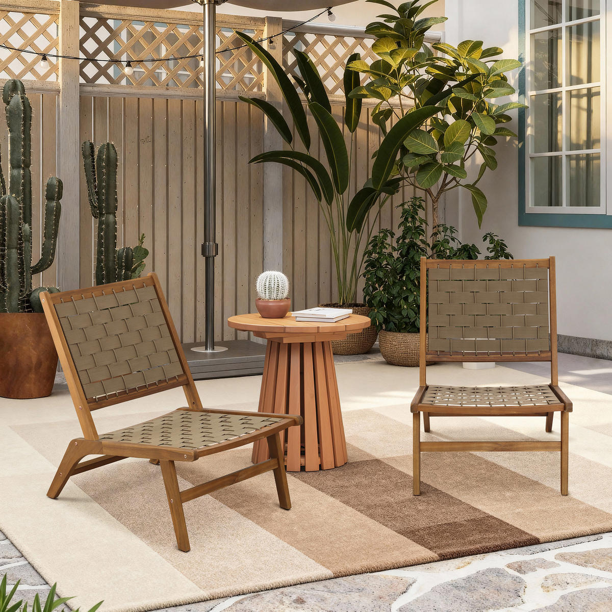 77CM Outdoor-Ess- und Terrassenstuhl ohne Armlehnen aus Akazienholz mit geflochtener Rückenlehne und Sitzfläche - Ahornfarben, Holz (75.5/77/54cm)