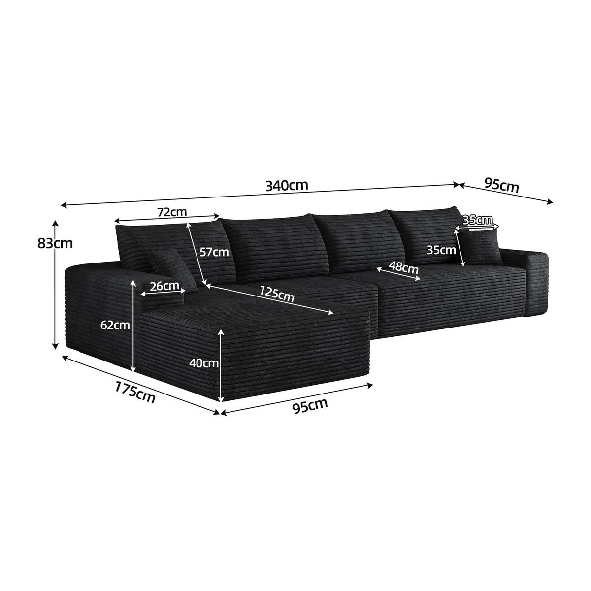 ECKSOFA 340/175/83 cm Schwarz mit L-förmiger Chaiselongue, Linke Seite - Schwarz, Textil (340/175cm) - Oxeza