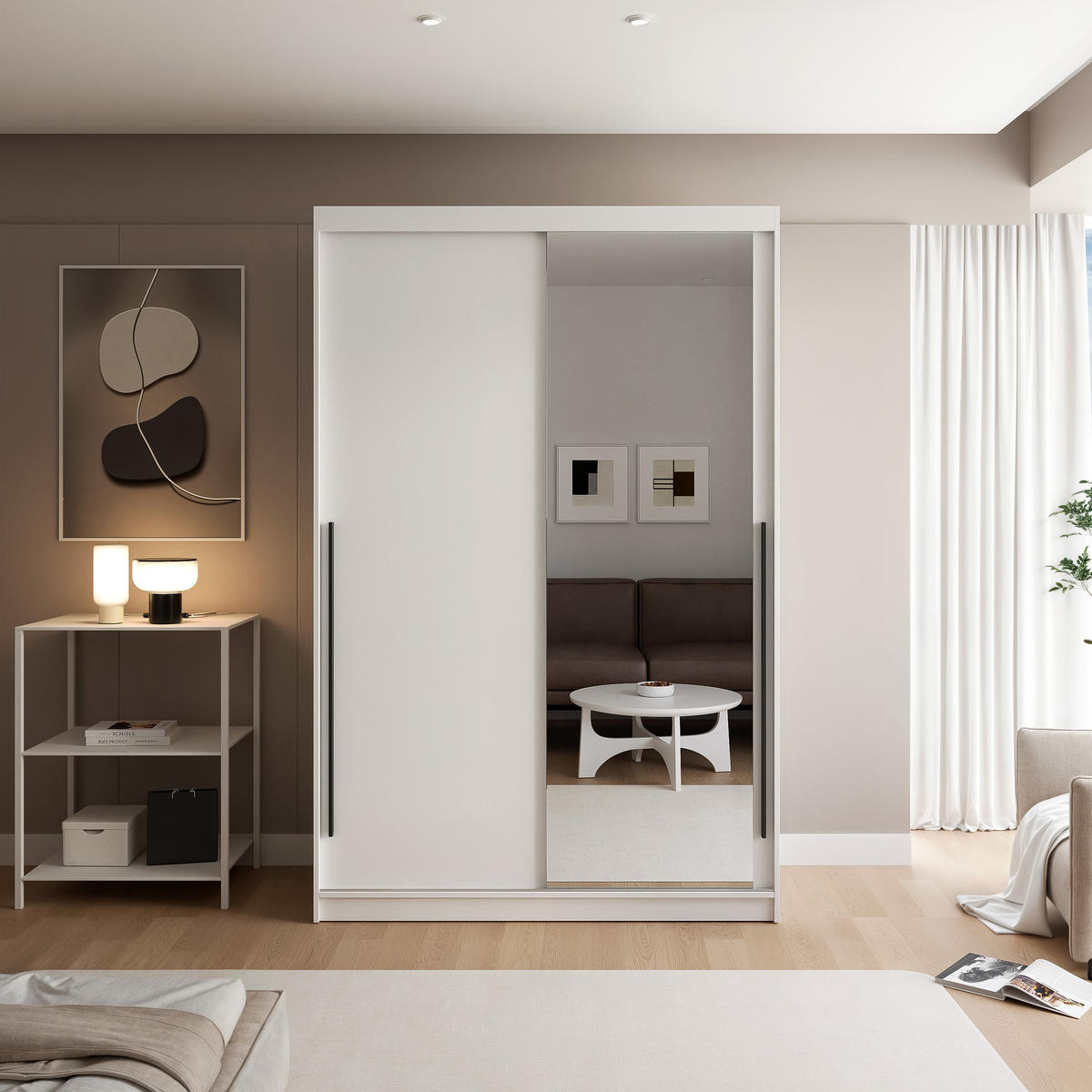 SCHIEBETÜRENSCHRANK SILENTE 140 cm mit Einlegeböden und Kleiderstange - Weiß, Holzwerkstoff (140/215/60cm) - Idohome