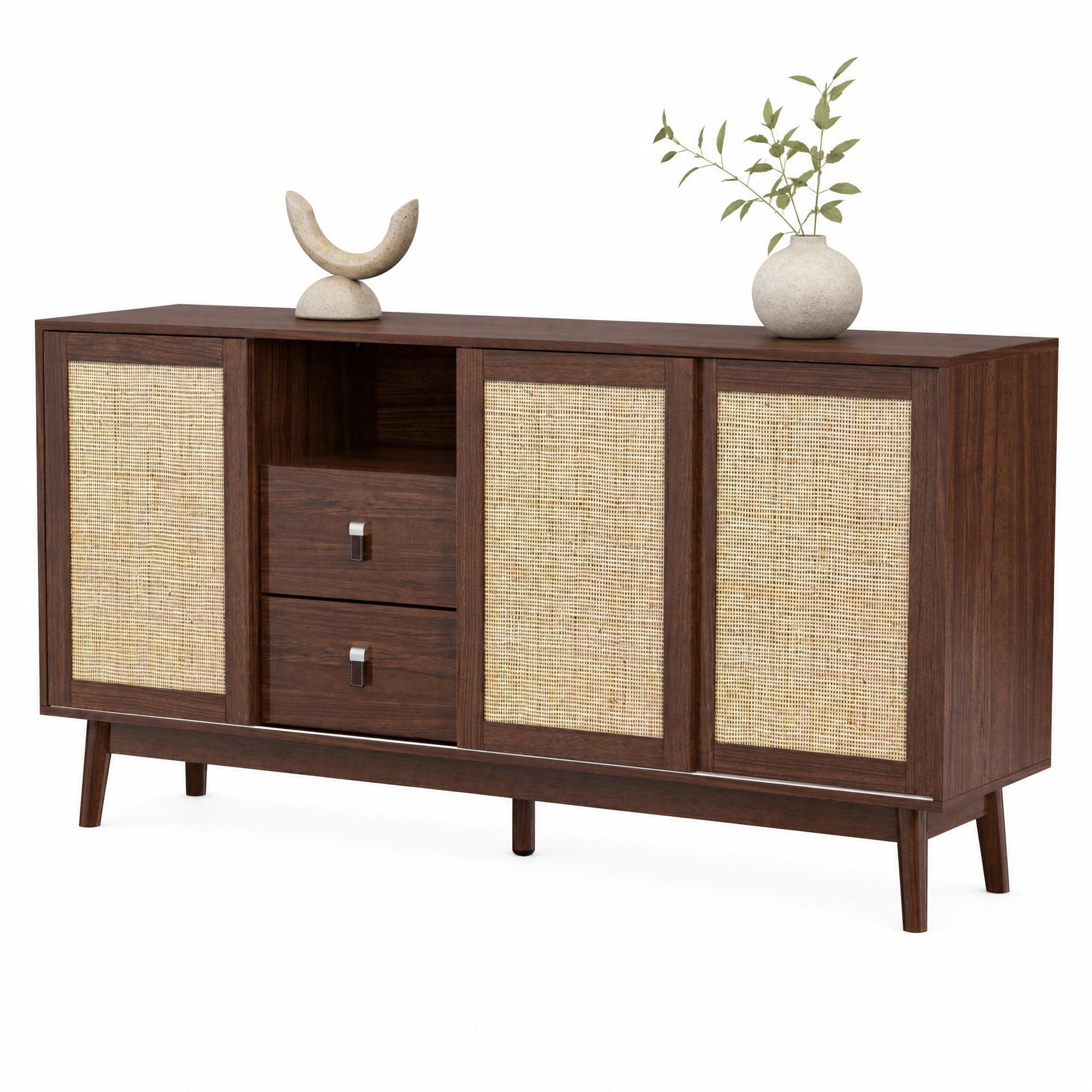 SIDEBOARD mit 3 Schiebetüren und 2 Schubladen 155 x 38 x 80 cm dunkles Holz - Dunkelbraun, Holzwerkstoff (155/80/38cm) - Meubliv