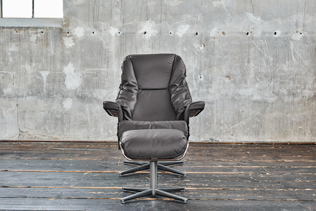 RELAXSESSEL MIT HOCKER MODO Grau Leder - Silberfarben/Grau, Leder/Metall (81/98/90cm) - KAWOLA