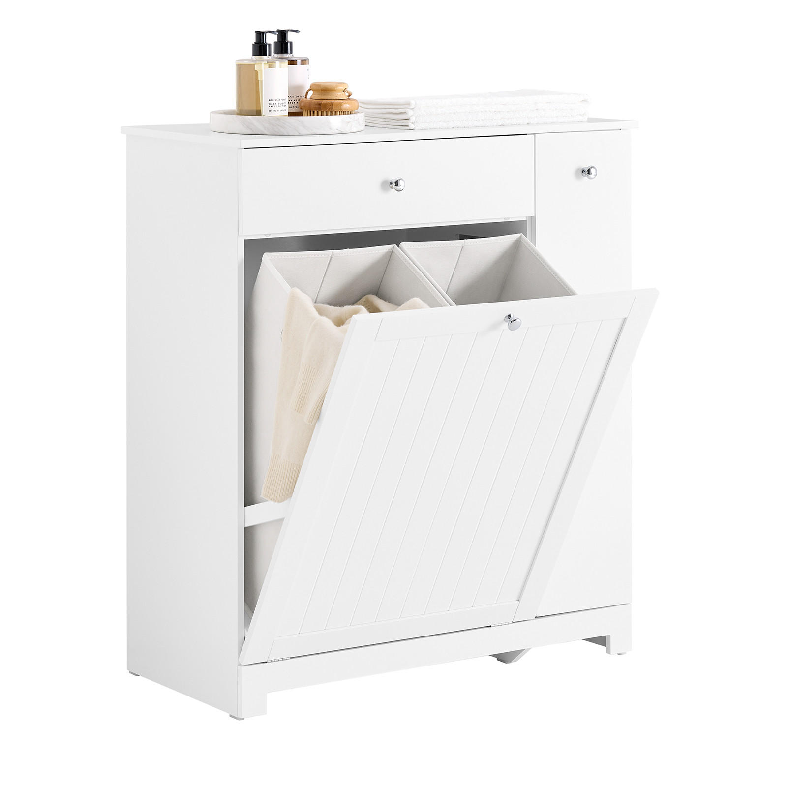 SoBuy KOUPELNOVÁ SKŘÍŇKA S KOŠEM NA PRÁDLO a 1 zásuvkou Bílá 78x38x90cm Nordický
