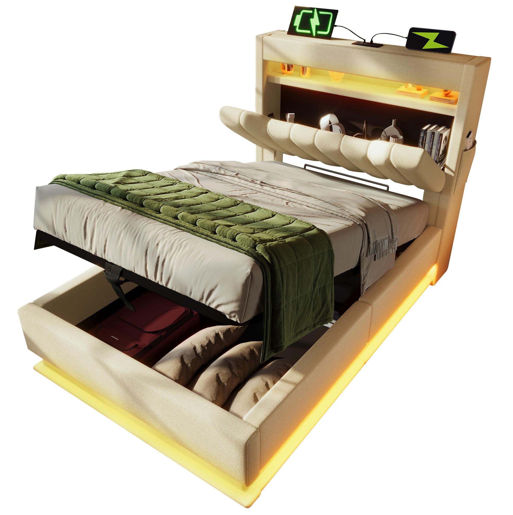 POLSTERBETT 90/200 cm Beige aus Leinen mit Stauraum, LED und USB- sowie Type-C-Anschlüssen - Beige, Textil (90/200cm) - Flora Grace