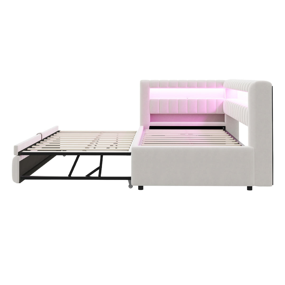 POLSTERBETT 90x200 Beige Samt LED USB - Beige, Textil (90/200cm) - FLIEKS