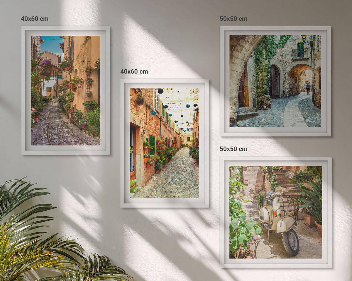 BILDER SET 4er Set - 50x50 cm & 40x60 cm Weißer Rahmen - Charmante italienische Straßen und Blumen - Weiß, Kunststoff (50/50cm) - TULUP