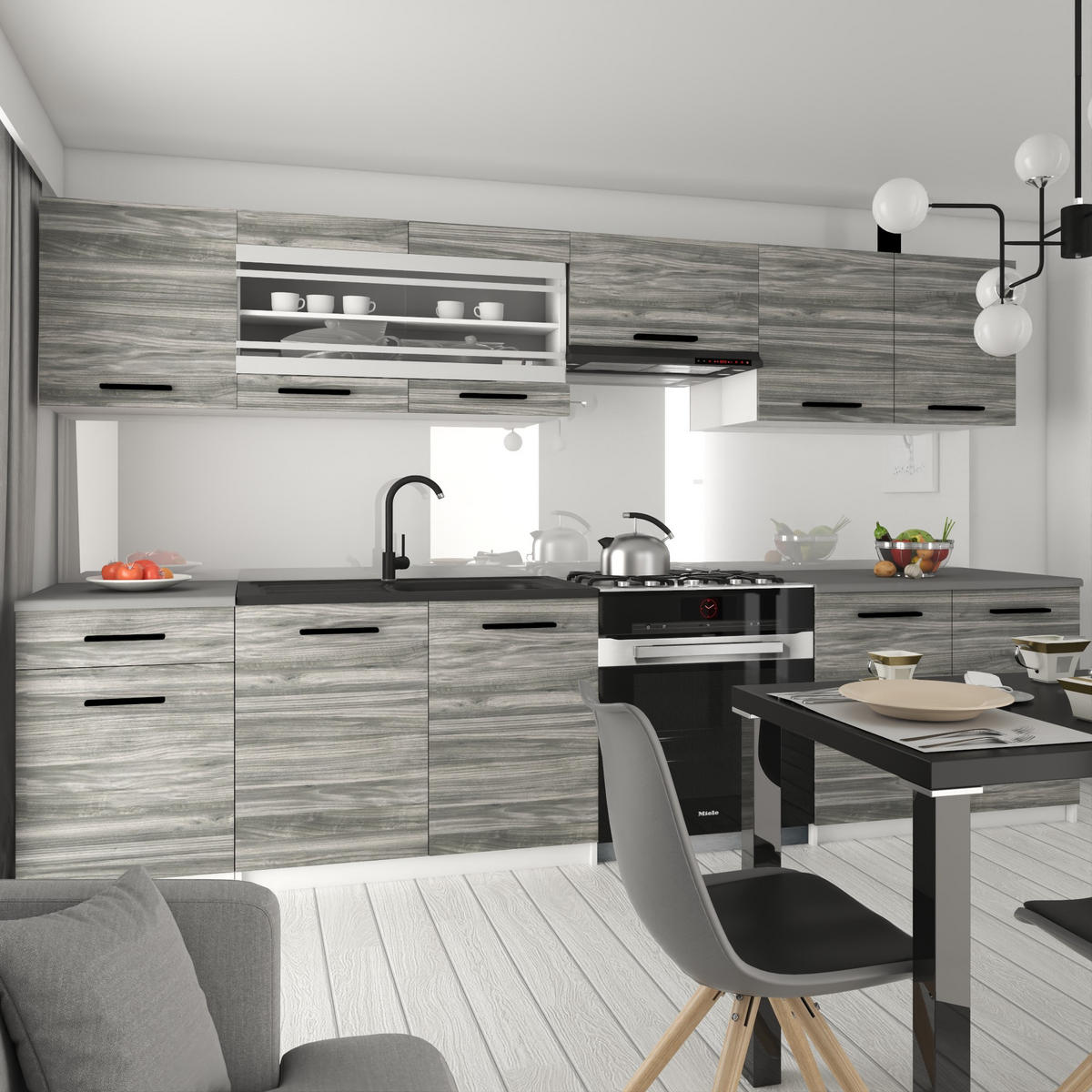 KÜCHENZEILE Italia 4 260 cm, mit Arbeitsplatten, Grau Glamour - Hellgrau, Holz (260/143/60cm) - B BELINI GROUP