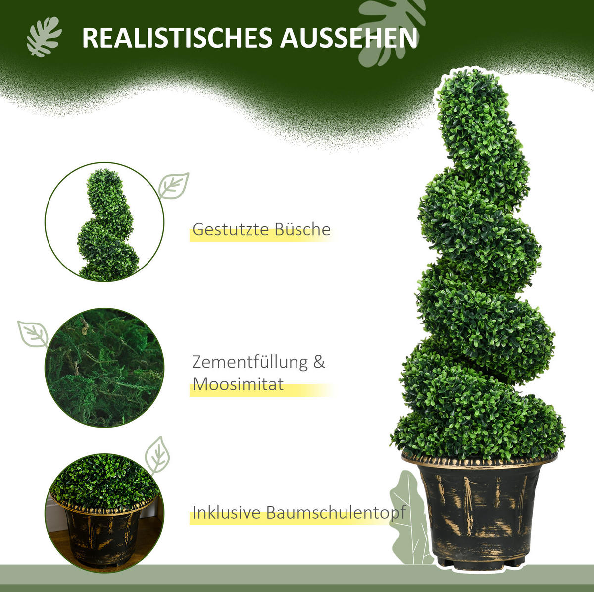 KUNSTPFLANZEN 30/30/90 cm grün aus Stahl mit Topf für innen und außen - Grün, Metall (90cm) - OKWISH