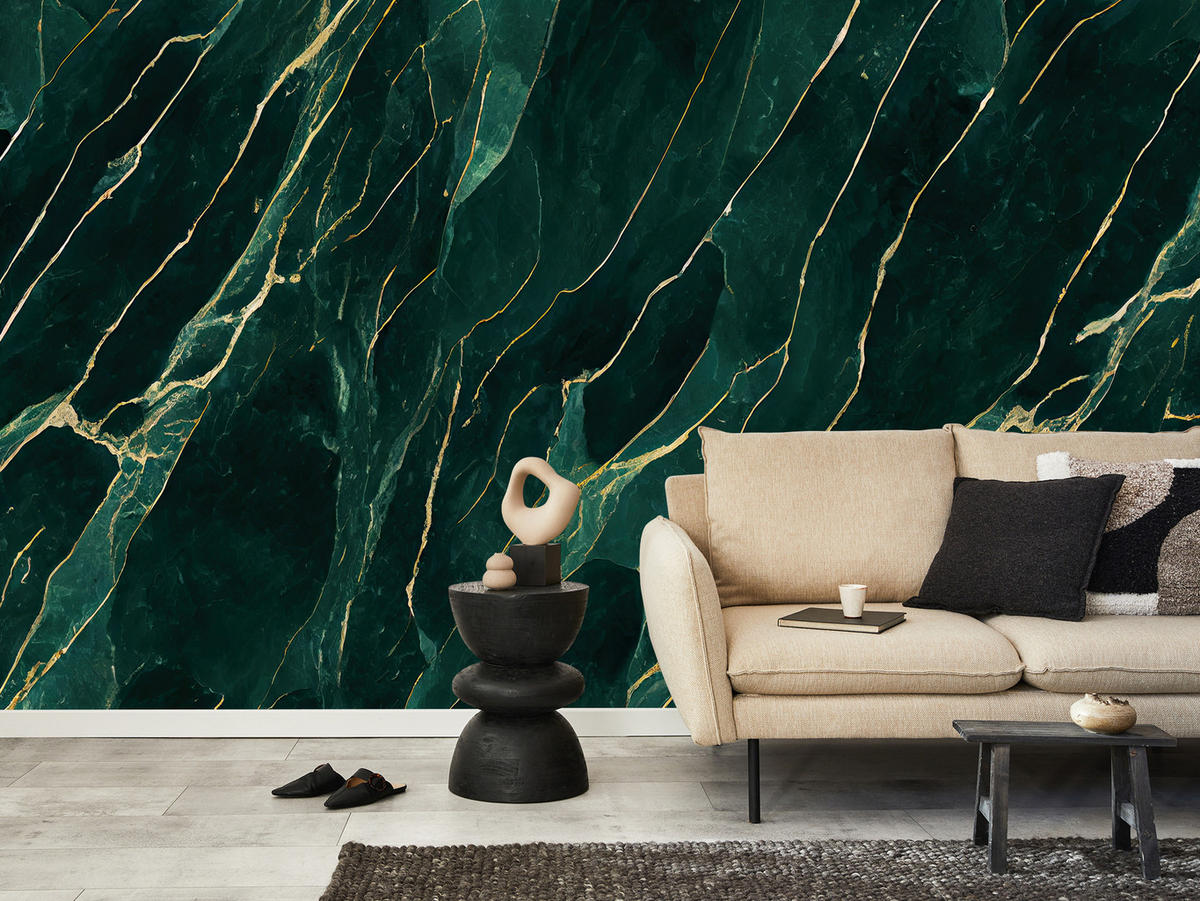 FOTOTAPETE für Wohnzimmer Eleganter Grüner Marmor Goldimitation 250x175 - Türkis/Grün, Papier (250/175cm) - Muralo