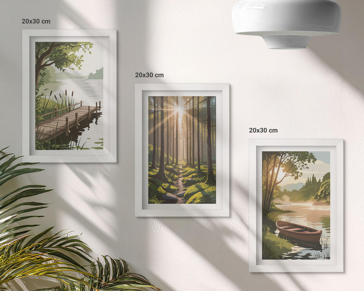 BILDER SET 3er Set - 20x30 cm Weißer Rahmen - Landschaft aus Wald, See und Boot - Weiß, Kunststoff (20/30cm) - TULUP