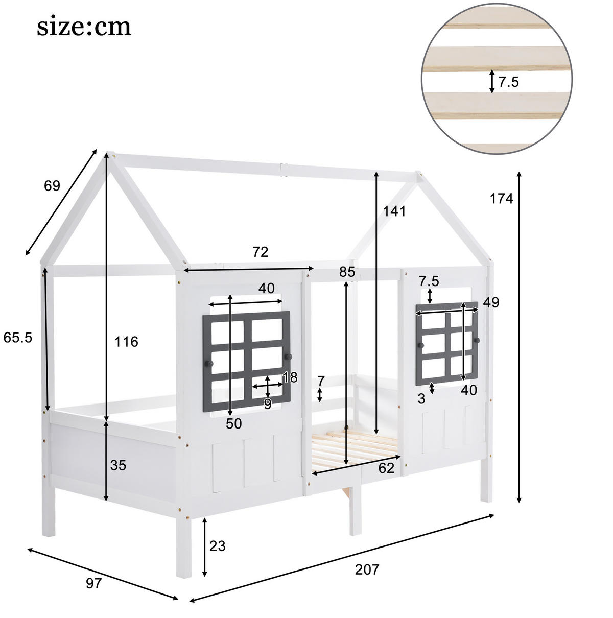 HAUSBETT 90/200 cm in Weiß – mit Dach und 2 Fenstern, Liegefläche 90/200 cm - Weiß, Holz (90/200cm) - BEAOK