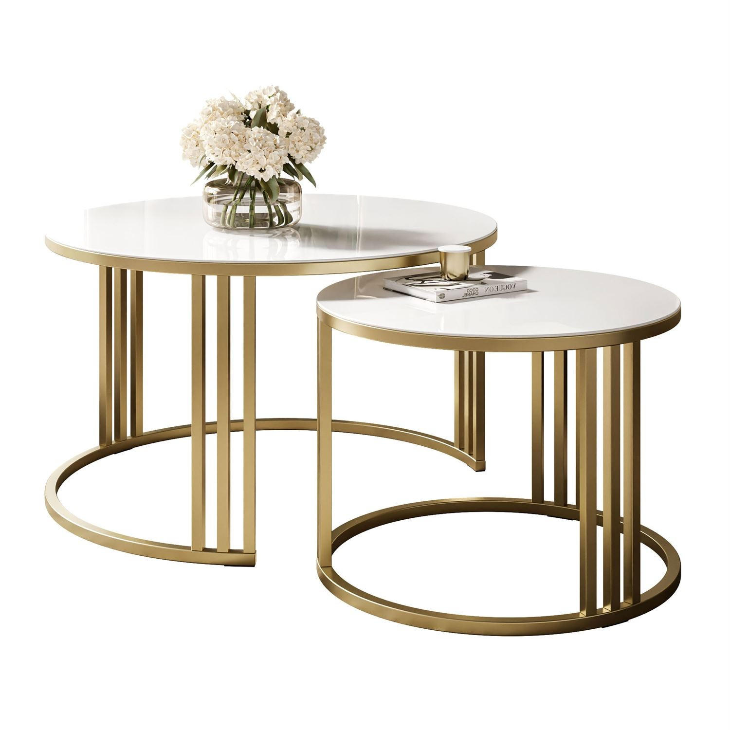 COUCHTISCH 2in1 LORI GLASS gebürstetes Gold, gebürstetes Gold / weißes Glas - Weiß, Metall (70/70/43cm) - Lookway