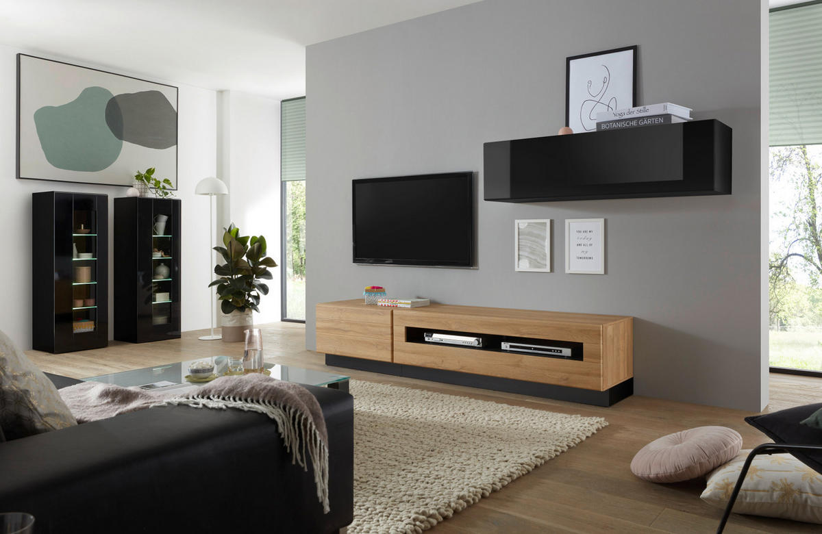 VITRINE schwarz Hochglanz, Grandson Eiche, Vitrinenschrank hängend, stehend 45 x 131 cm - Schwarz Hochglanz/Eichefarben, Glas/Holzwerkstoff (45/131/38cm) - Furn.Design