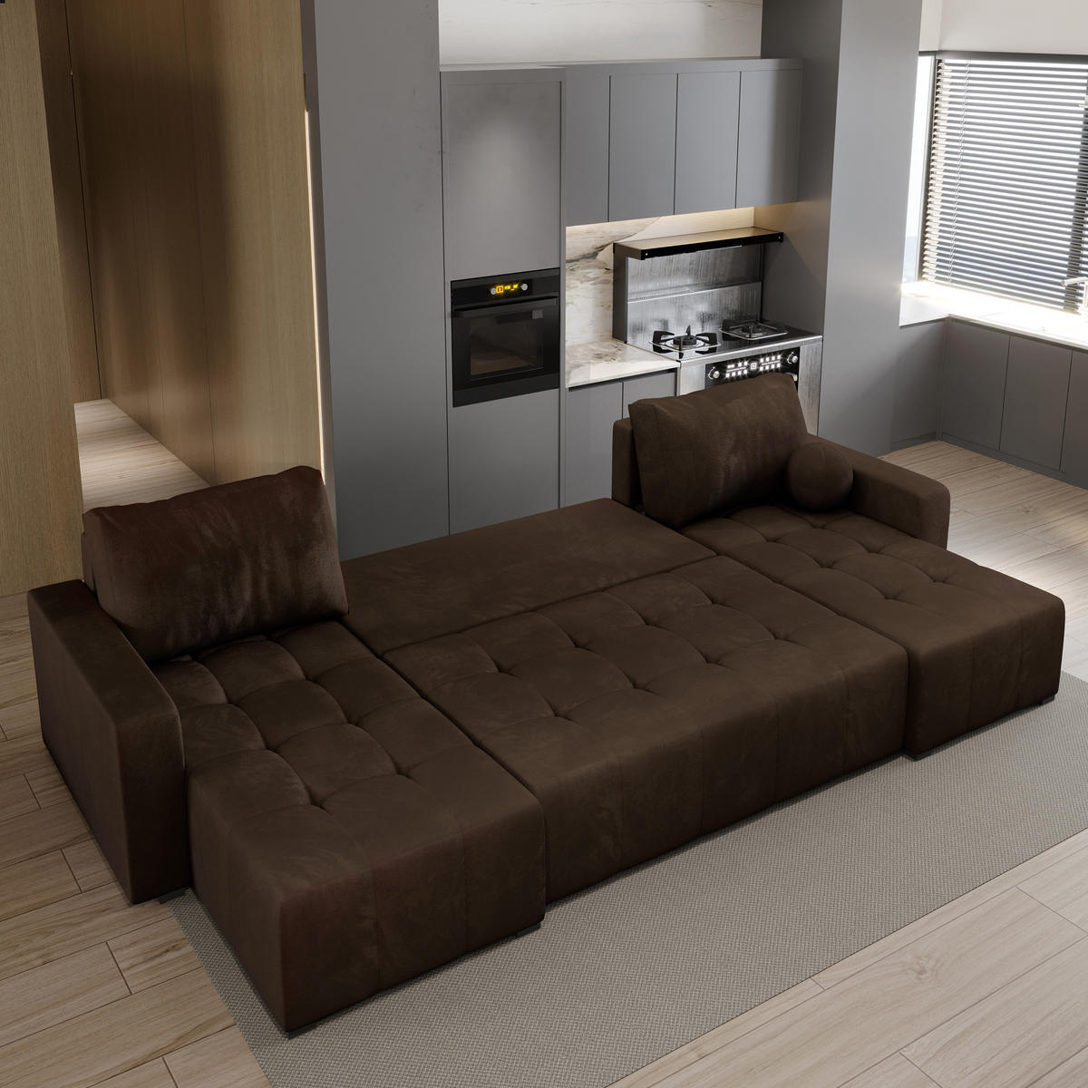 WOHNLANDSCHAFT TOLARI Braun Plüsch-Stoff mit Schlaffunktion - Braun, Holz (295/85/140cm) - MASSENO