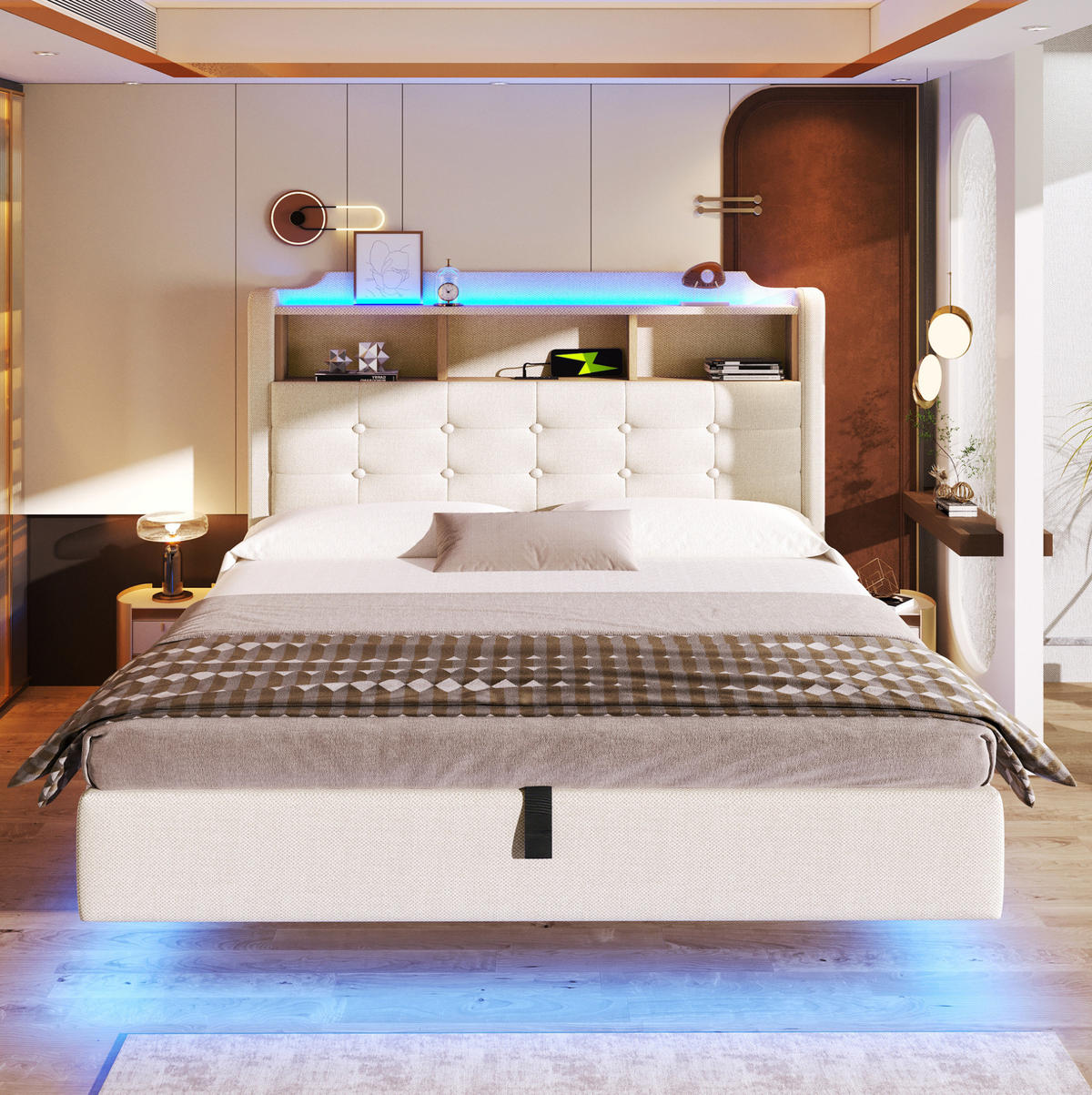 POLSTERBETT 140/200 cm mit LED-Lichtleiste, USB- und Typ-C-Anschlüssen, hydraulischem Stauraum und Staufächern, Beige - Beige, Textil (140/200cm) - Redom