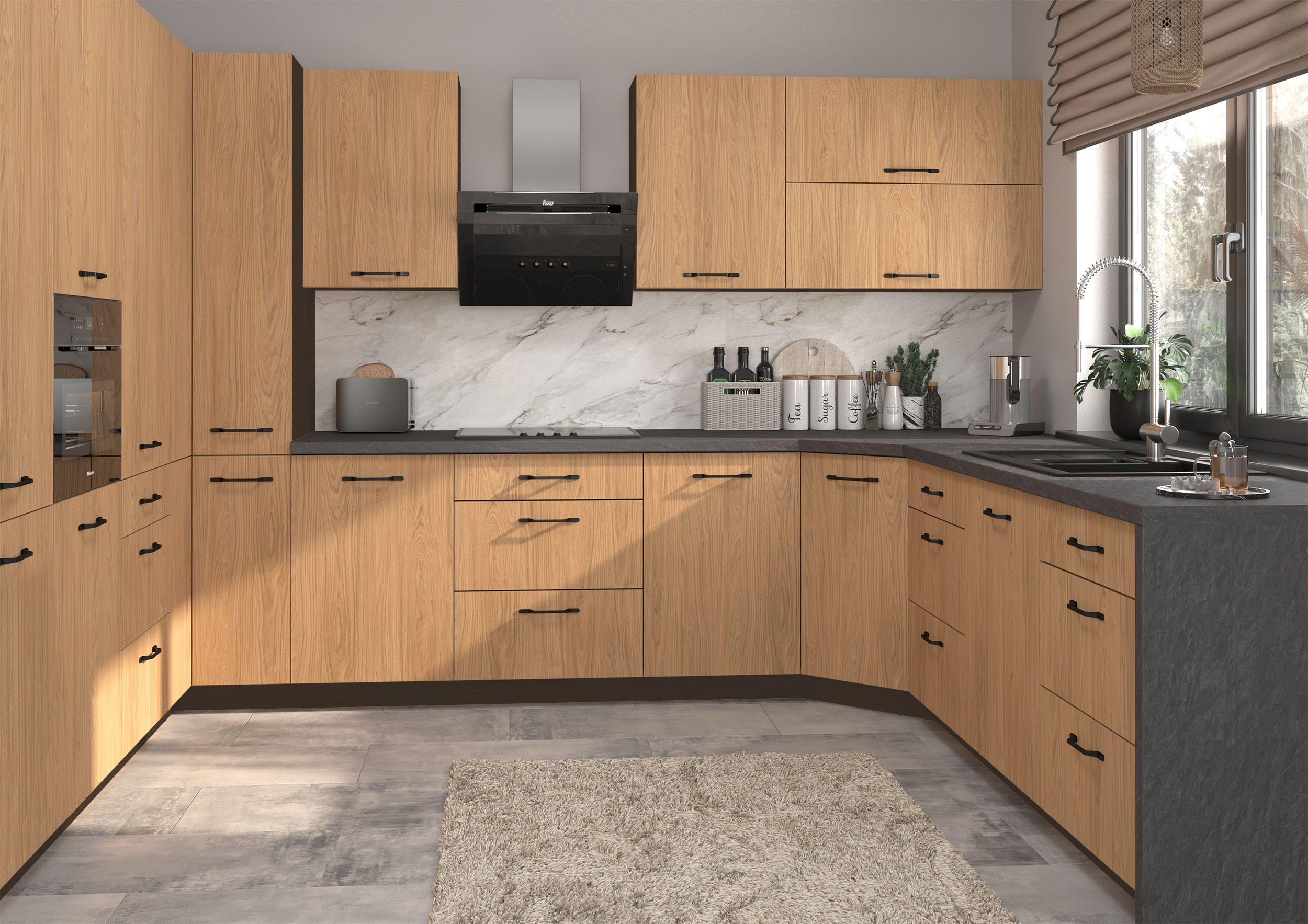 KÜCHENZEILE Casella 15-teilig Lava / Casella Eiche Natur - Dunkelgrau/Braun, Holzwerkstoff/Metall (360/207/270cm) - Feldmann-Wohnen