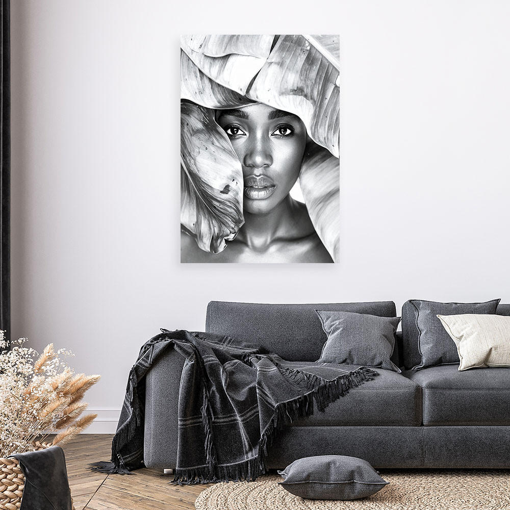 LEINWANDBILD Porträt einer Frau und silbernen Blättern 60x90cm - Grau, Textil (60/90cm) - Feeby