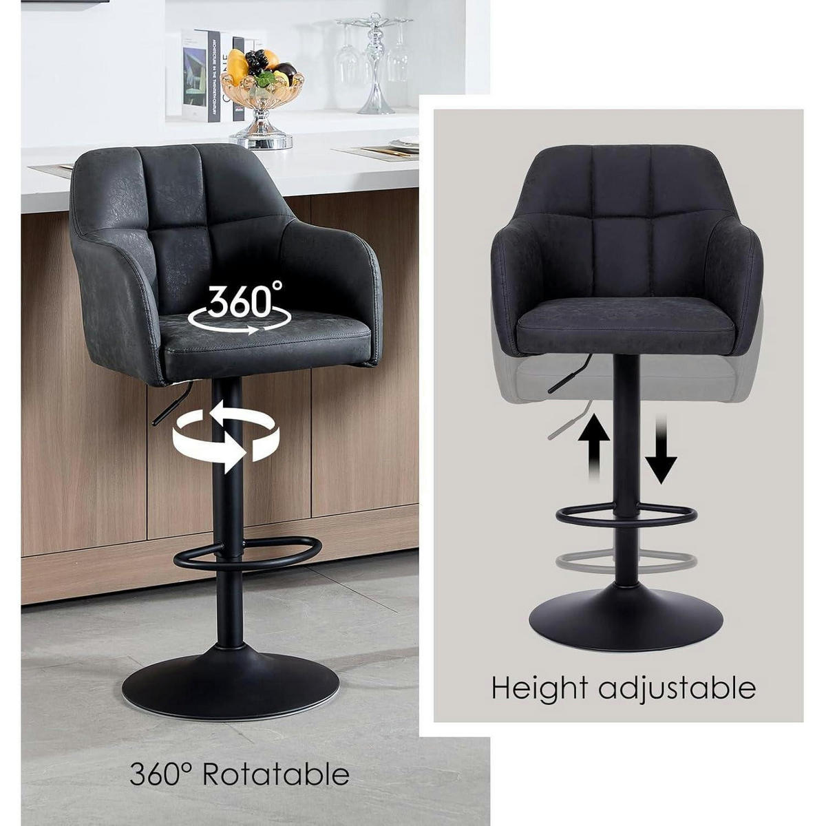 BARHOCKER 4er Set höhenverstellbar Lederoptik Schwarz - Schwarz, Kunststoff (56/116/41cm)