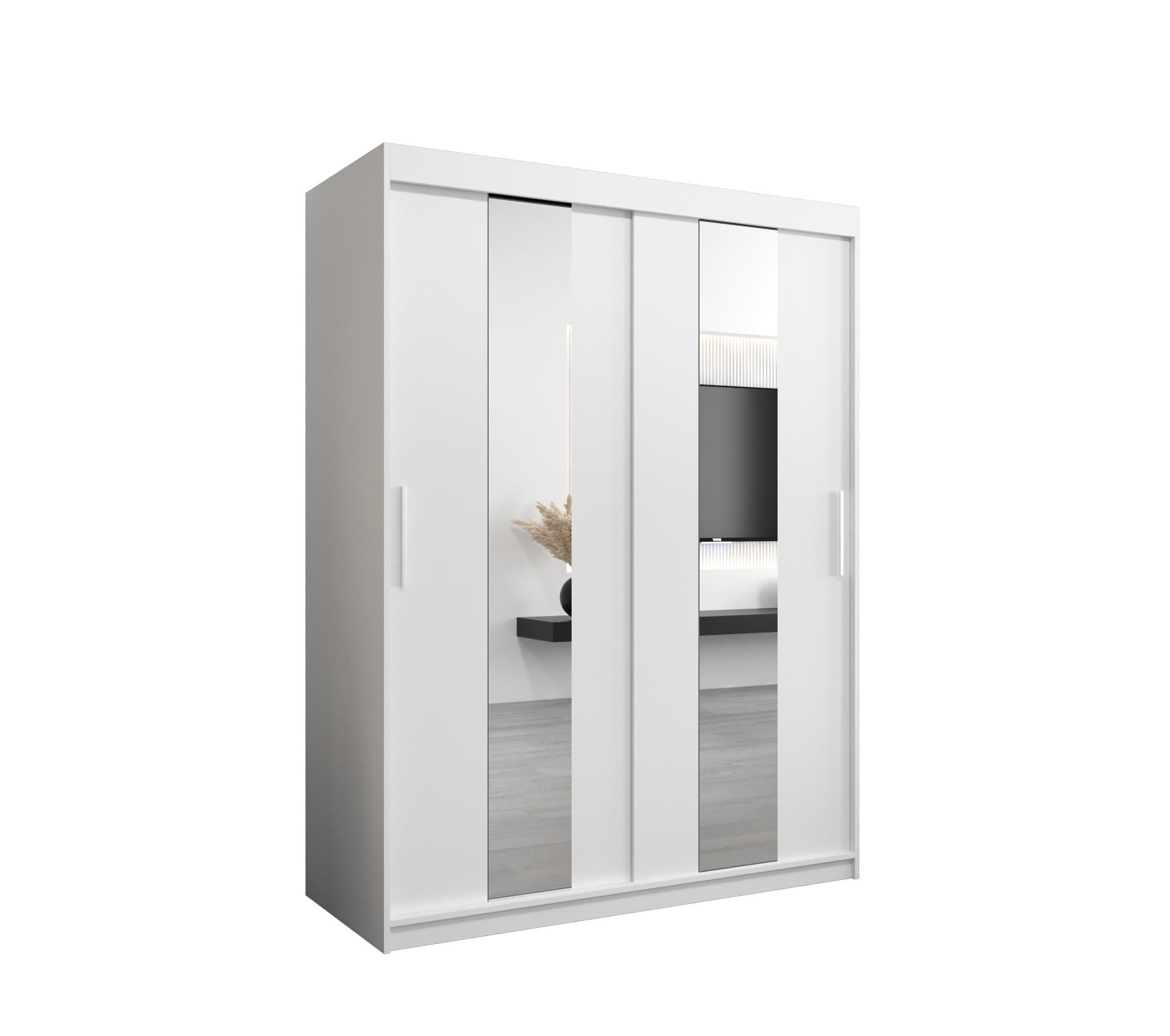 SCHWEBETÜRENSCHRANK 200/150/62 2-türig - Silberfarben/Weiß, Holz/Kunststoff (150/200/62cm) - MÖBEL KRYSPOL