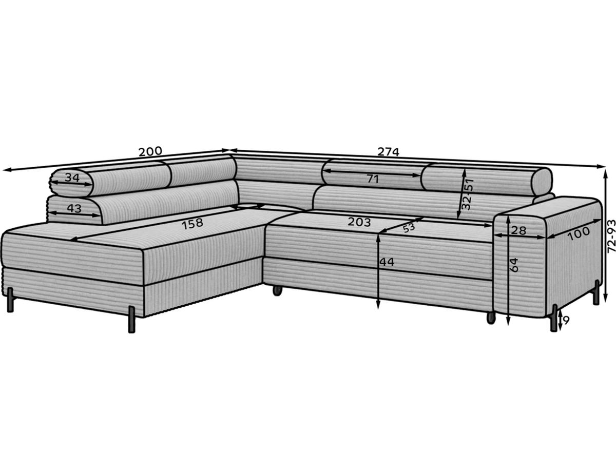 ECKSOFA COLESIO L-Form, Schlaffunktion, Bettkasten, verstellbare Kopfstützen, Wellenfederung, Metallfüße, breiter Cordstoff - Schwarz, Kunststoff/Metall (204/269cm) - Wohnideebilder