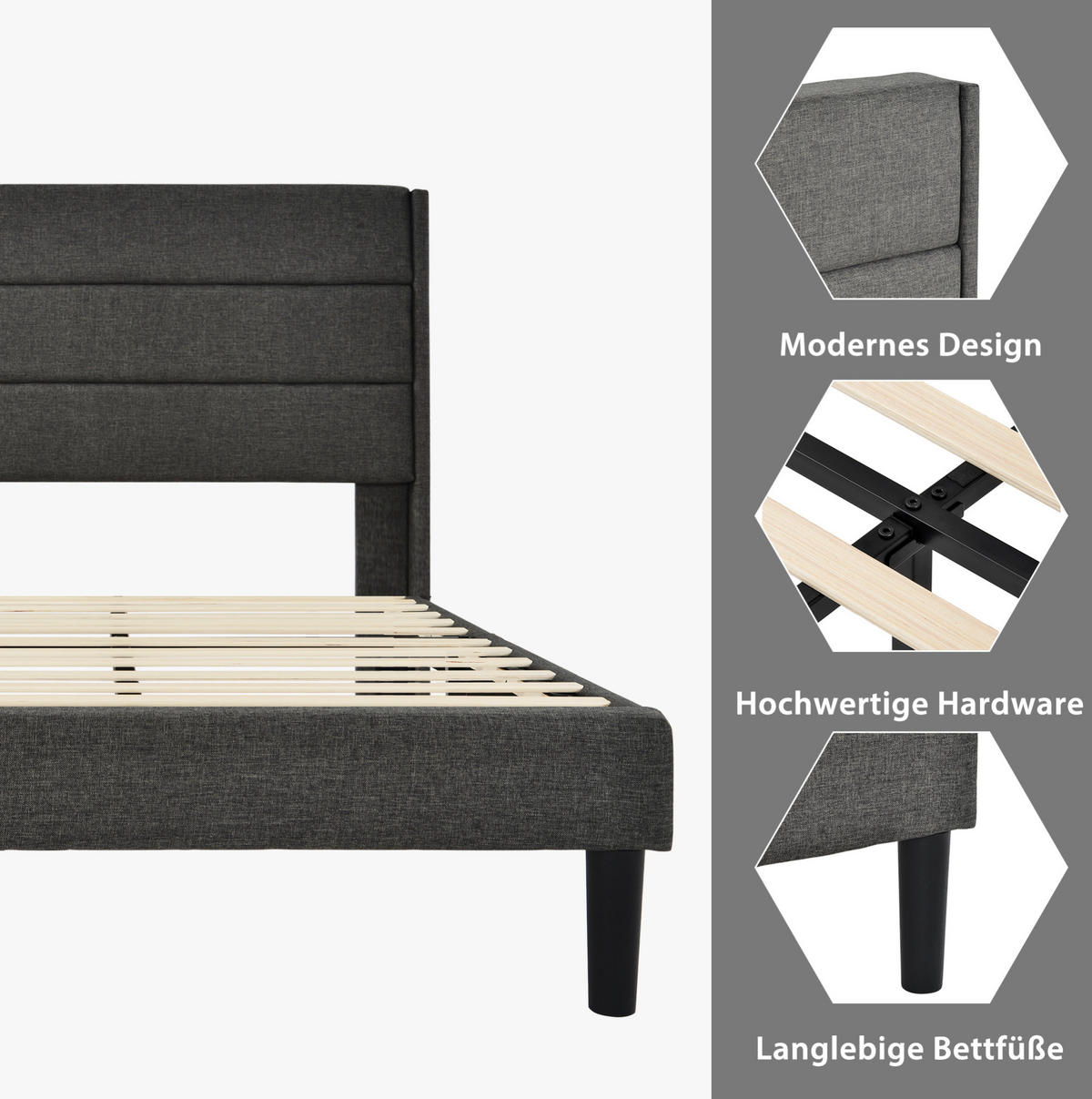 POLSTERBETT 90/200 cm mit Lattenrost, gepolstertes Kopfteil im Nahtdesign, Dunkelgrau - Dunkelgrau, Textil (90/200cm) - Redom