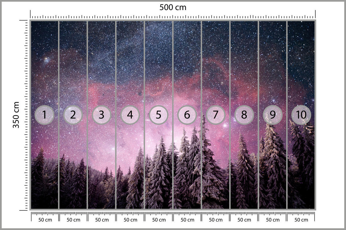 FOTOTAPETE für Schlafzimmer Verzauberter Tannenwald Winter Aurora 500x350 - Violett/Schwarz, Papier (500/350cm) - Muralo