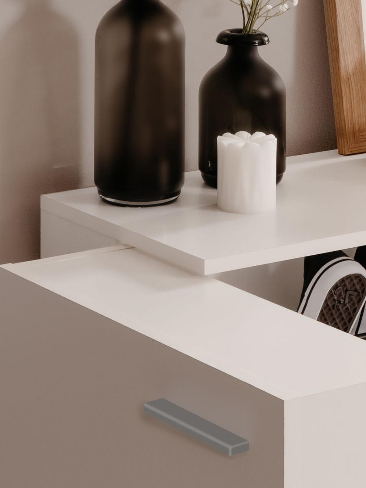 SCHUHSCHRANK weiß 50 cm, Schuhkommode aufklappbar für 12 Paar Schuhe - Silberfarben/Schwarz, Holzwerkstoff/Kunststoff (50/110/34cm) - Furn.Design